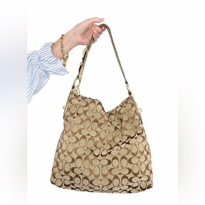 Coach Carly 2011 Tan and Brown Hobo Bag Signature C Metallic Trim